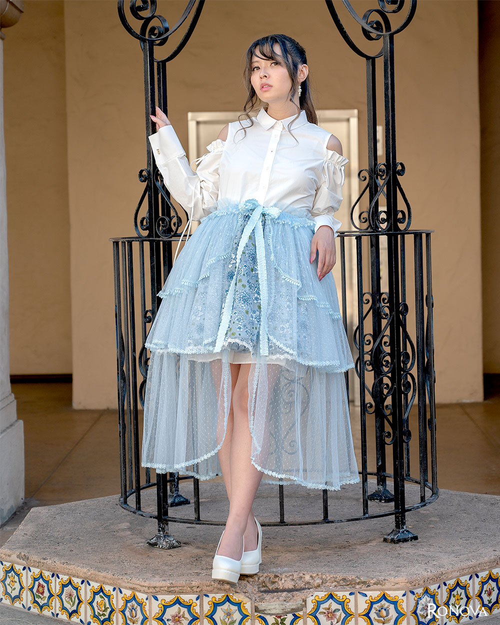 Ronova White Blouse French Cuffs Floral Petticoat Skirt and Ice Blue Overskirt