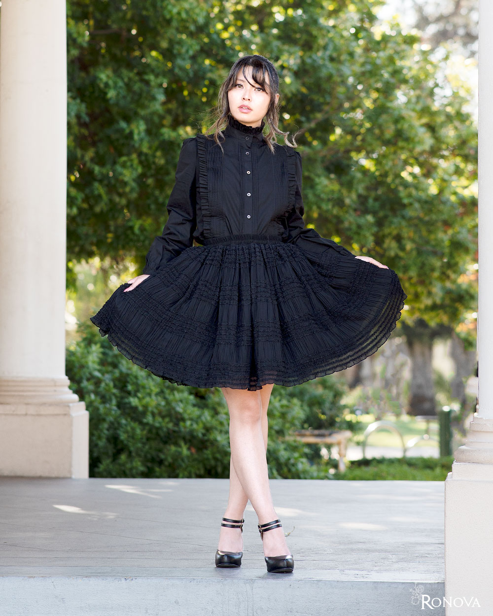 Ronova Pleated Ruffled Blouse and Petticoat Skirt in Black