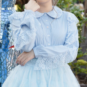 Sky Blue Lace Sleeve Blouse with Puritan Collars