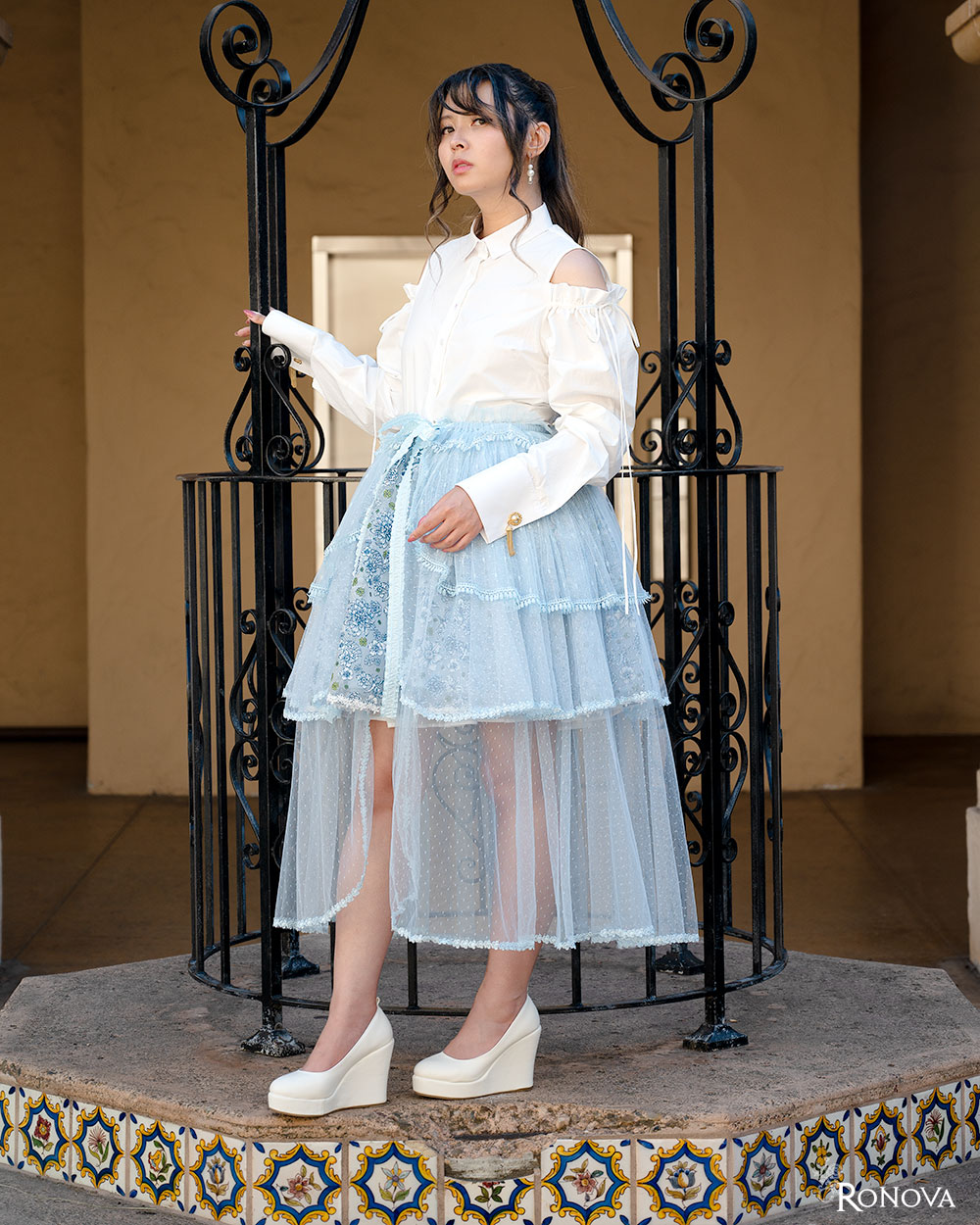 Ronova White Blouse French Cuffs Floral Petticoat Skirt and Ice Blue Overskirt