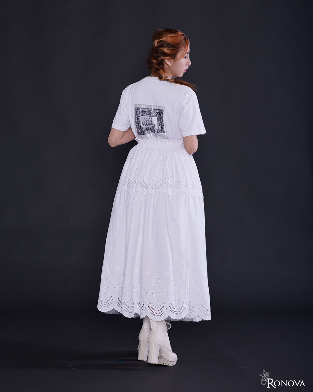 Ronova Long Skirt with Eyelet Trim and Pockets