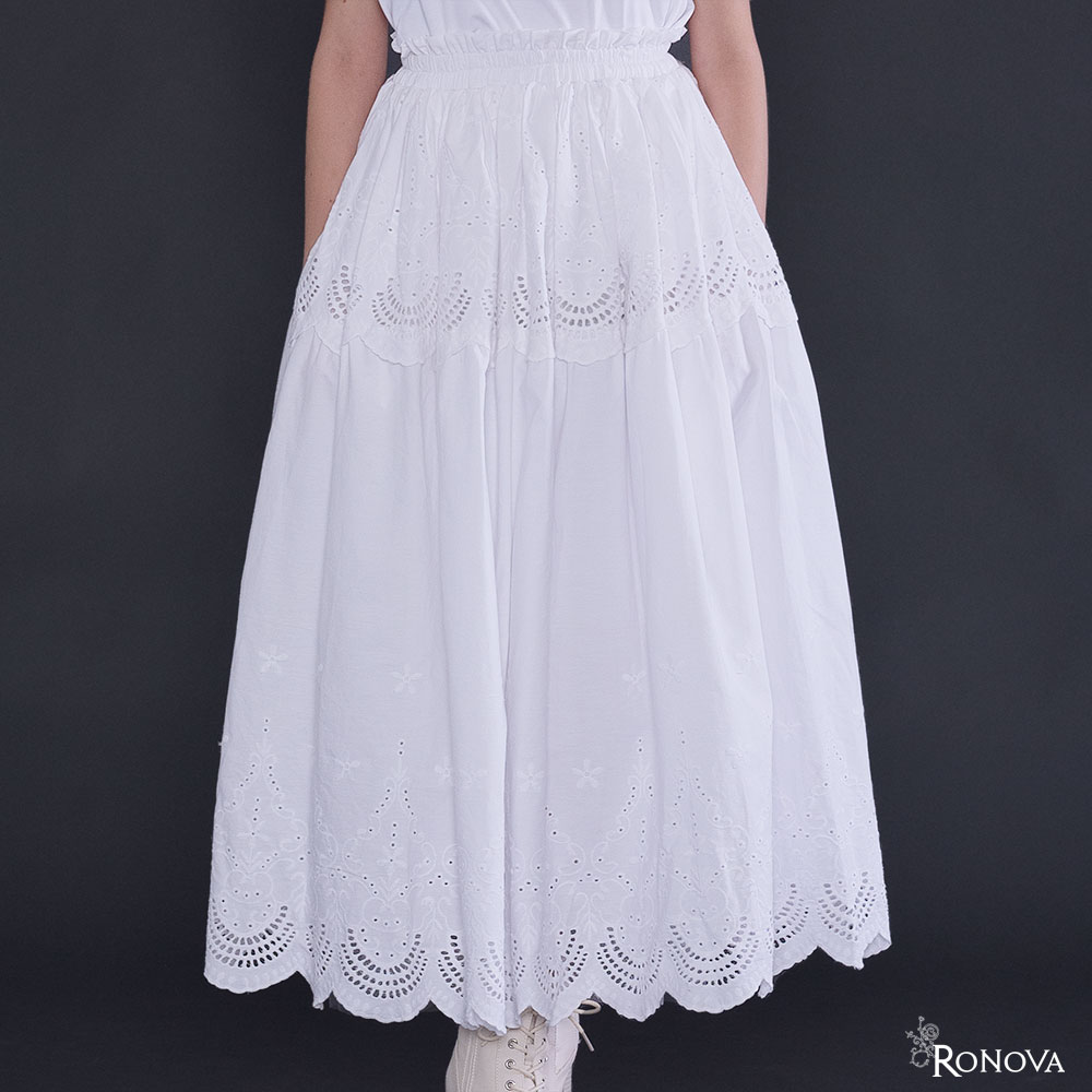 Ronova Long White Skirt with Eyelet Trim and Pockets