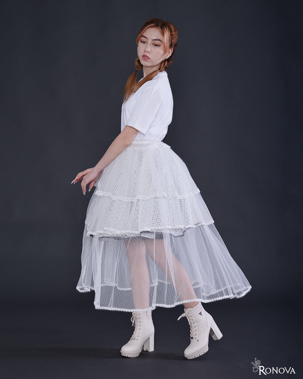 White Ronova Overskirt with Lace Trim and Silver Accents