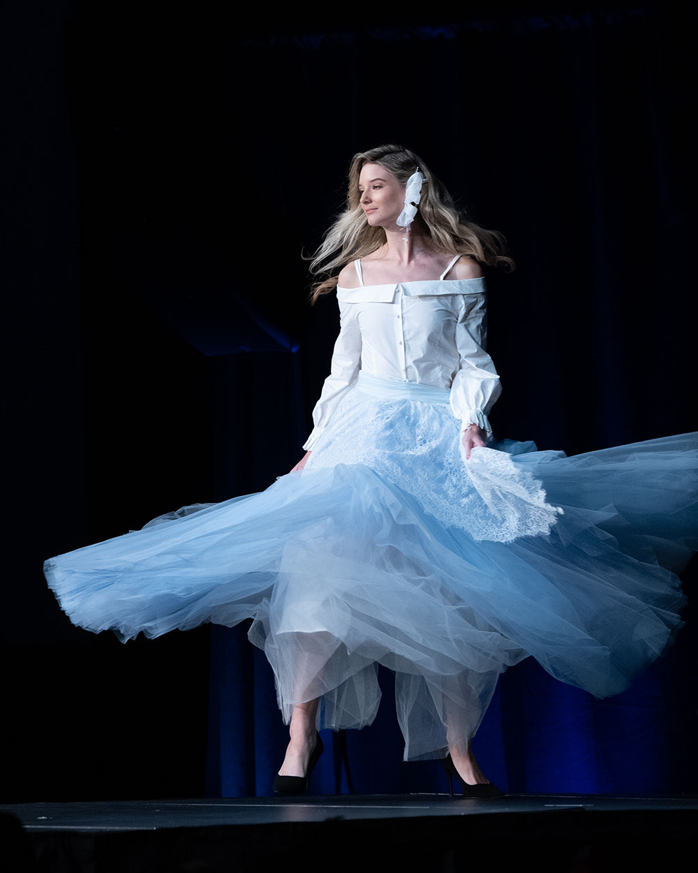 Sky Blue Long Tulle Skirt with Asymmetrci Lace Runway - Anime Los Angeles Fashion Show 2023