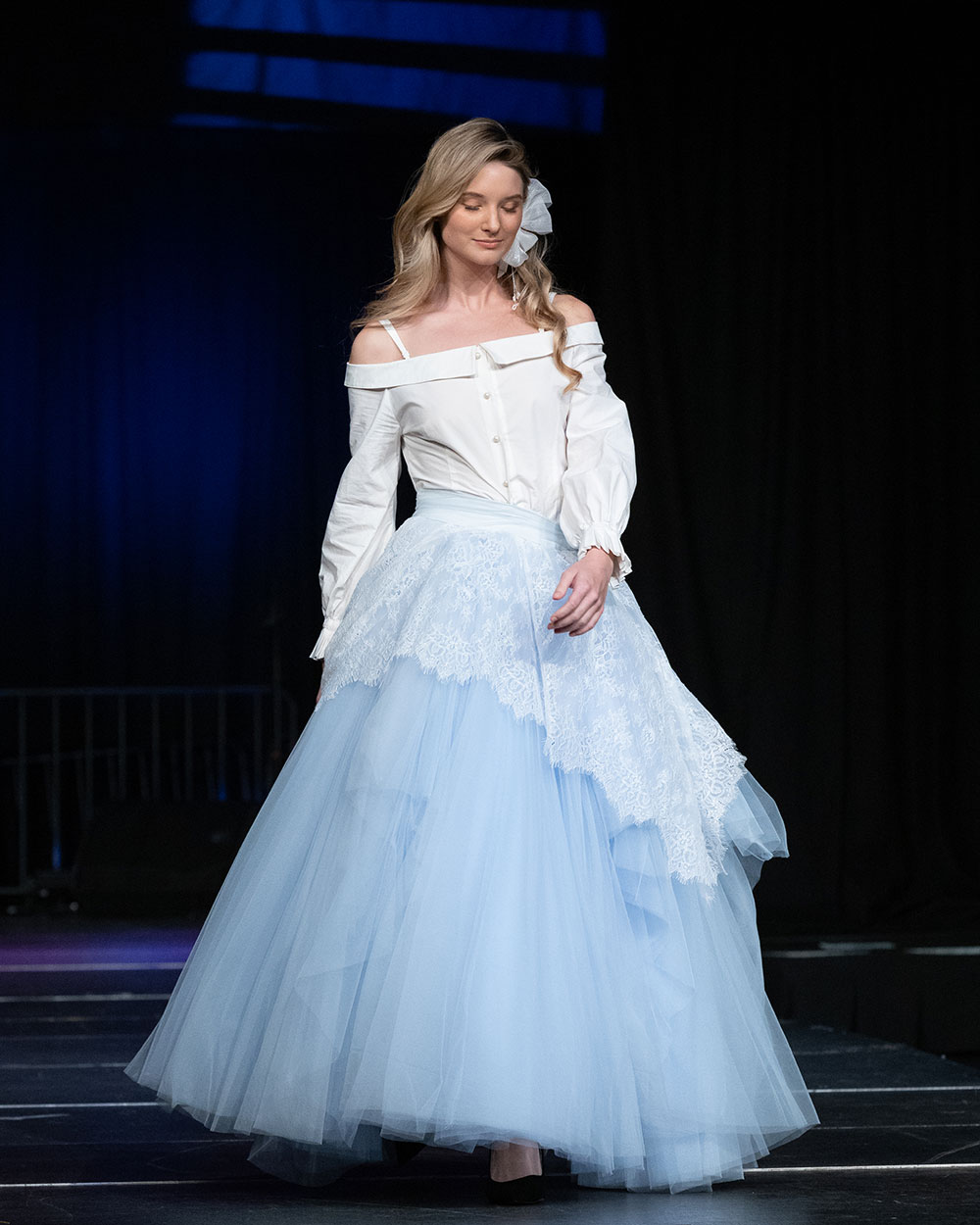 Sky Blue Long Tulle Skirt with Asymmetrci Lace Runway - Anime Los Angeles Fashion Show 2023
