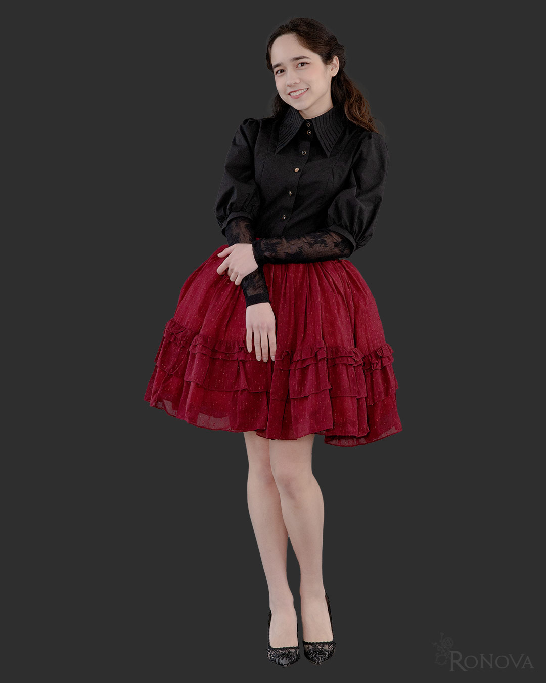 Black Barrymore Blouse with Red Dotted Petticoat Skirt