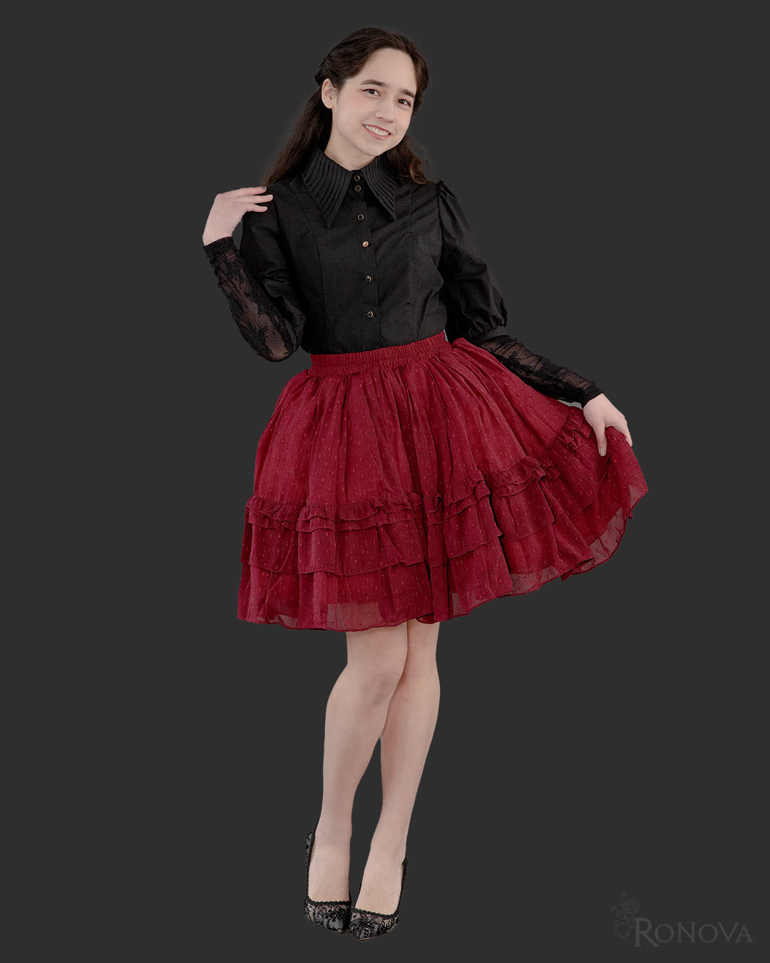 Black Barrymore Blouse with Red Dotted Petticoat Skirt