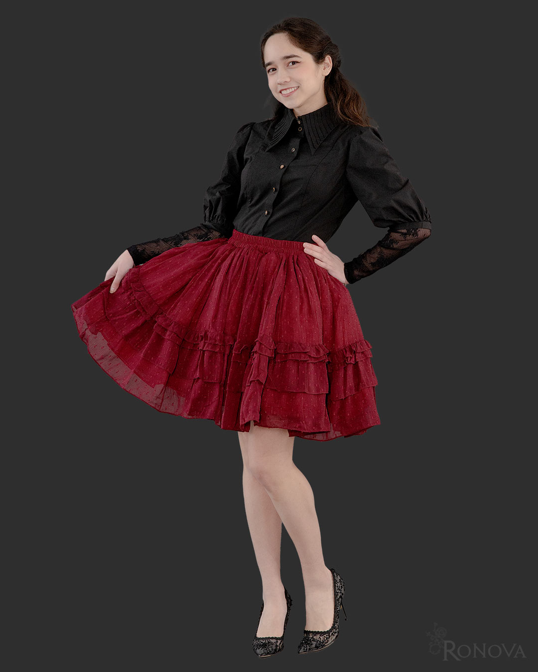 Black Barrymore Blouse with Red Dotted Petticoat Skirt