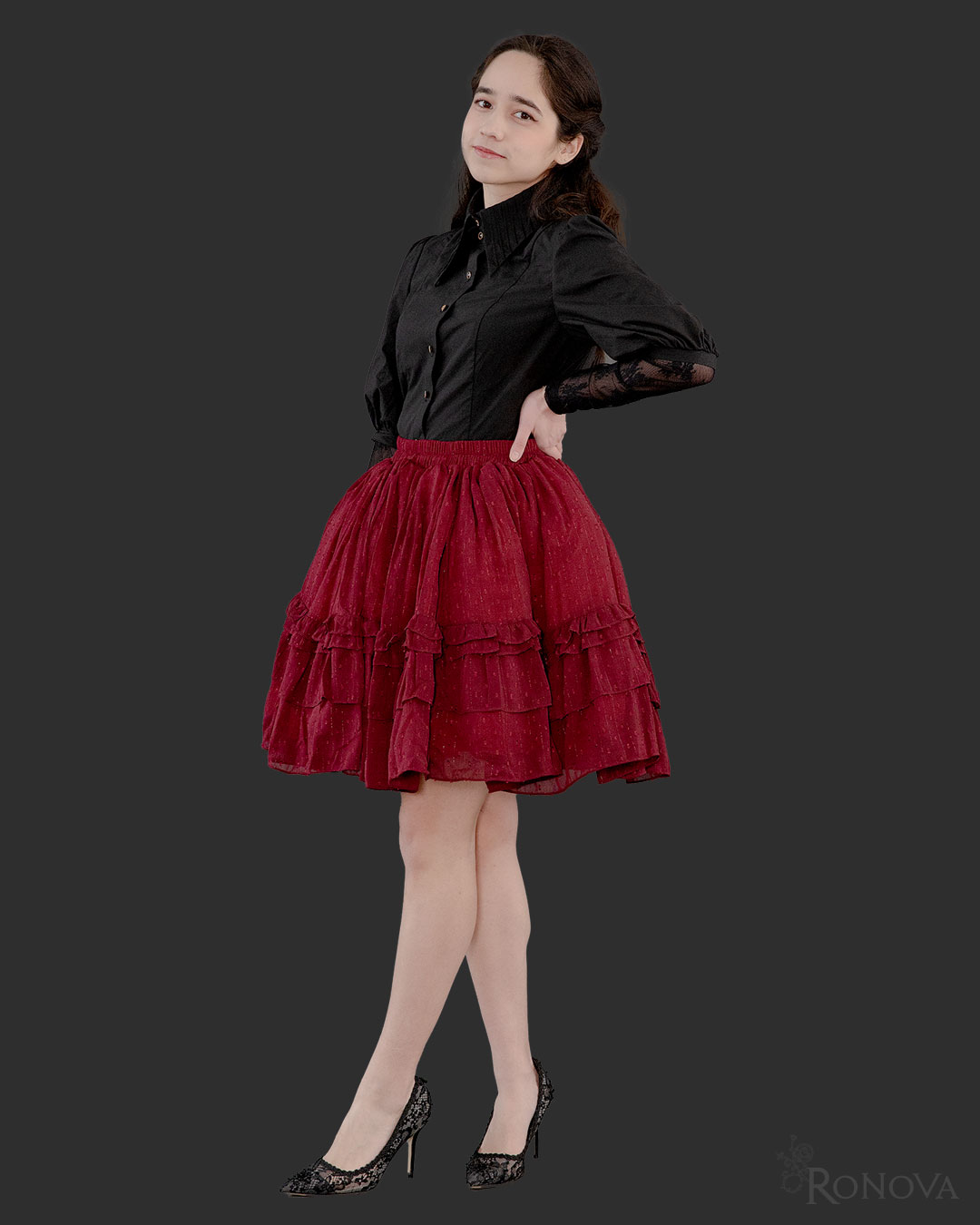 Black Barrymore Blouse with Red Dotted Petticoat Skirt