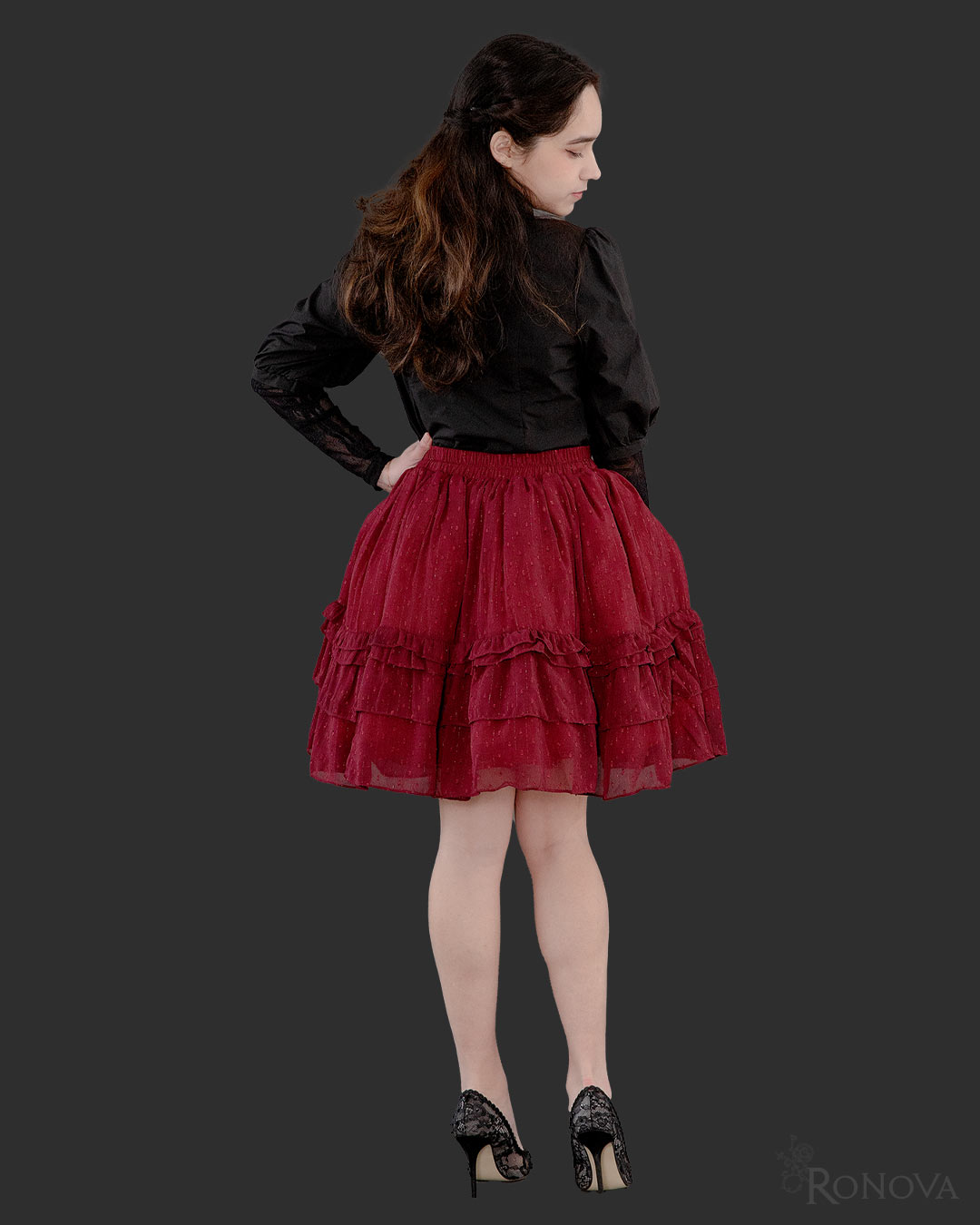 Black Barrymore Blouse with Red Dotted Petticoat Skirt