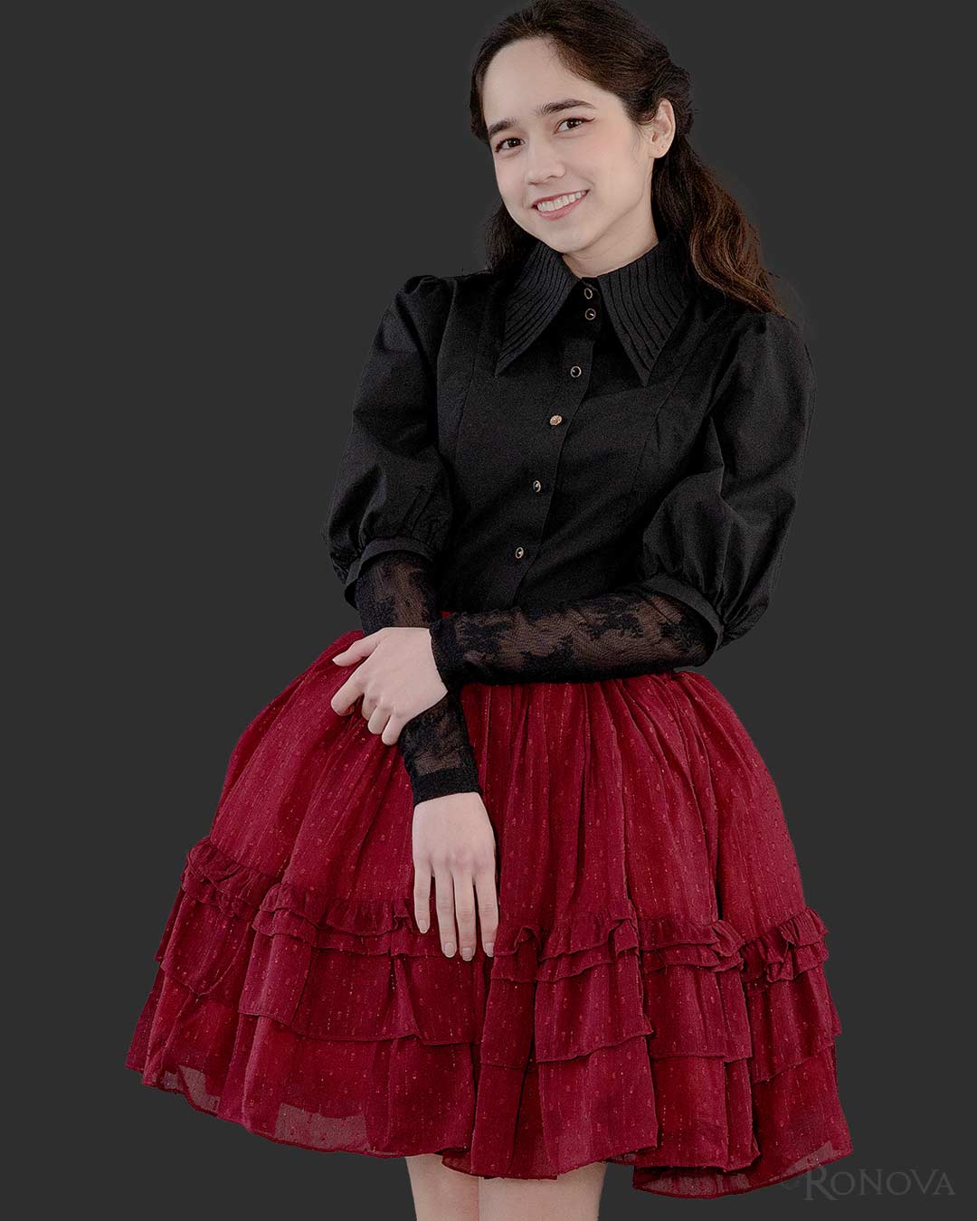 Black Barrymore Blouse with Red Dotted Petticoat Skirt