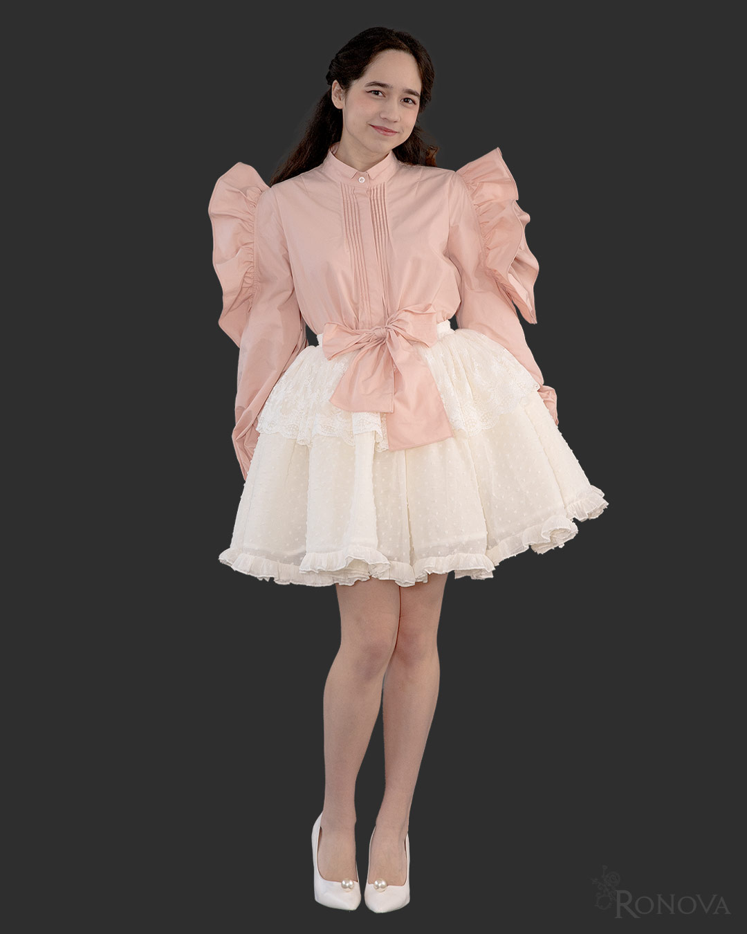 Peach Bici-Flare Blouse with White Dotted Petticoat Skirt