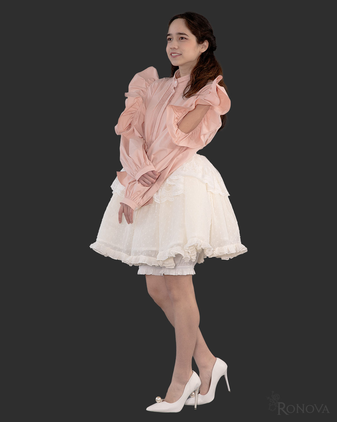 Peach Bici-Flare Blouse with White Dotted Petticoat Skirt