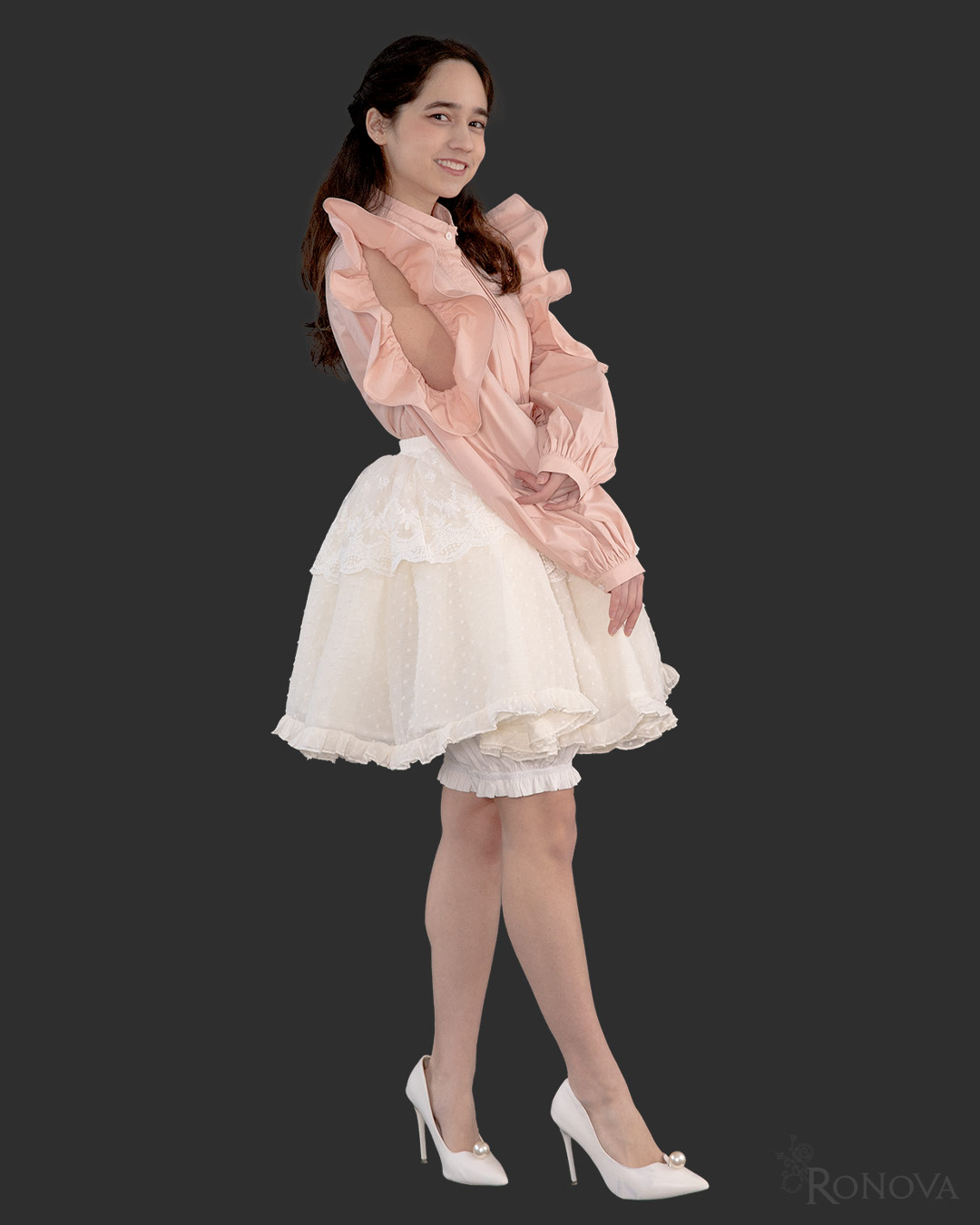 Peach Bici-Flare Blouse with White Dotted Petticoat Skirt