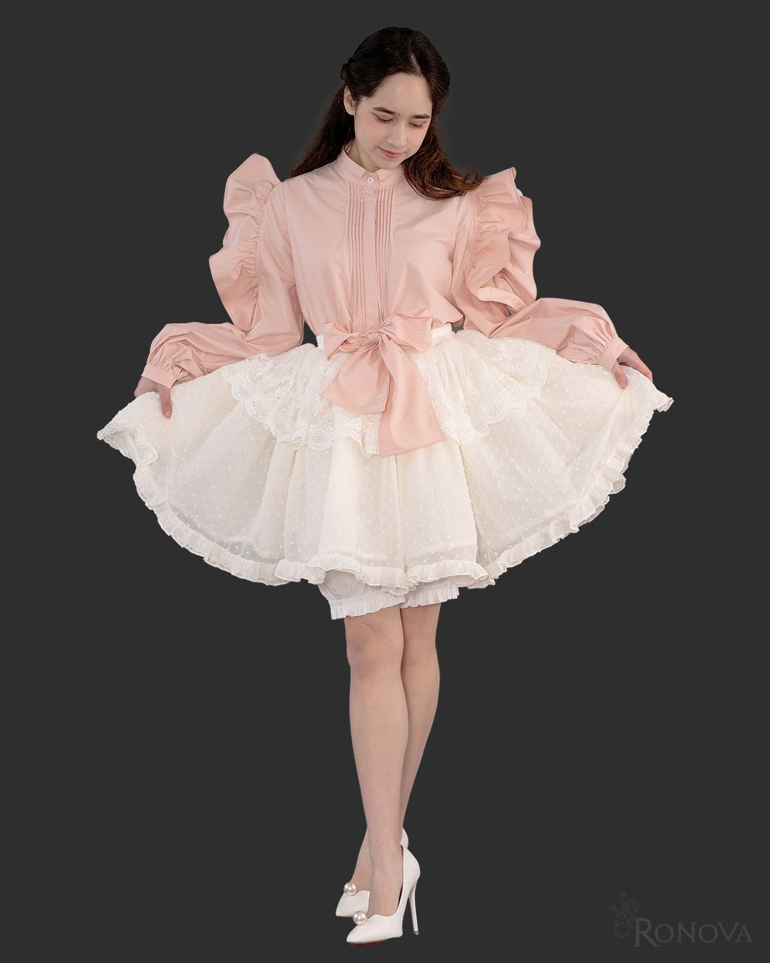 Peach Bici-Flare Blouse with White Dotted Petticoat Skirt