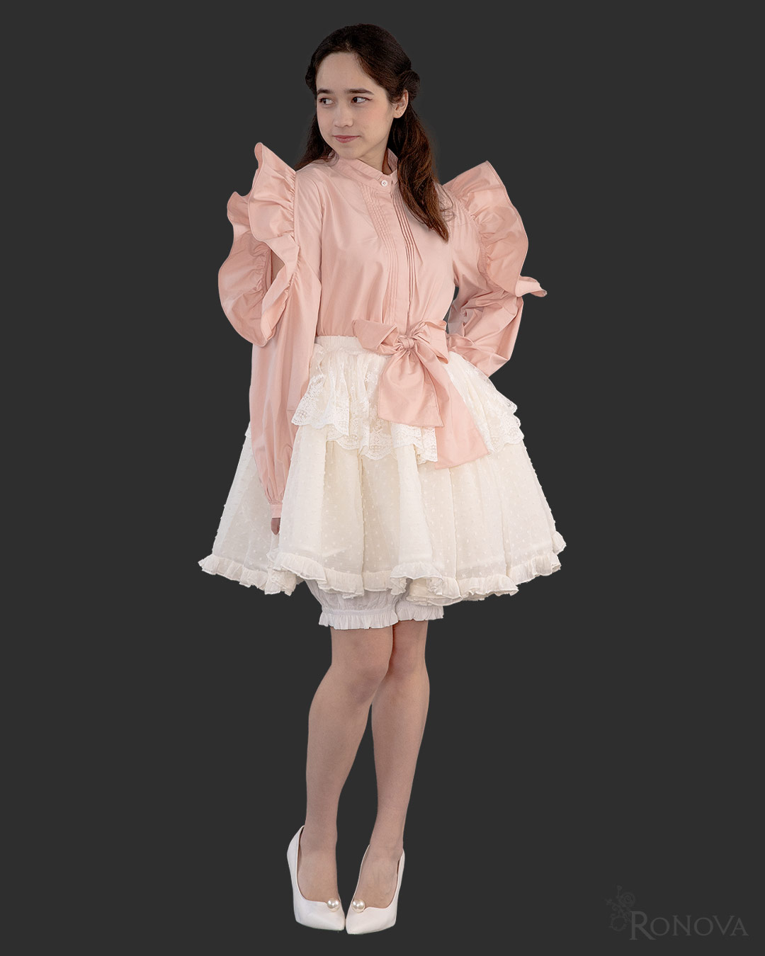 Peach Bici-Flare Blouse with White Dotted Petticoat Skirt