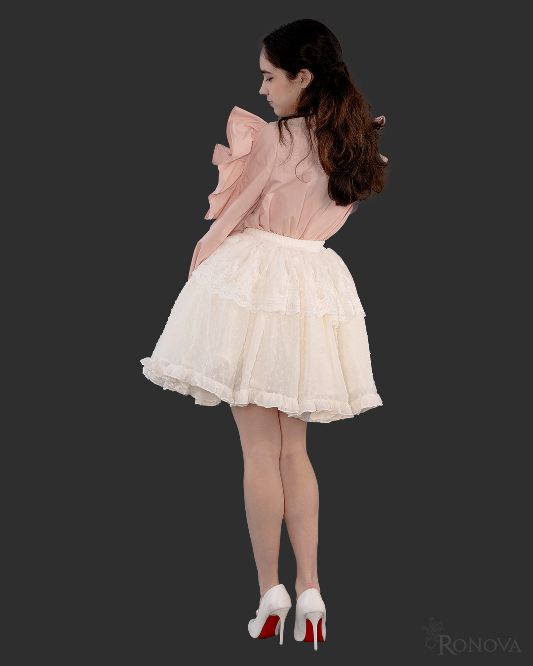 Peach Bici-Flare Blouse with White Dotted Petticoat Skirt